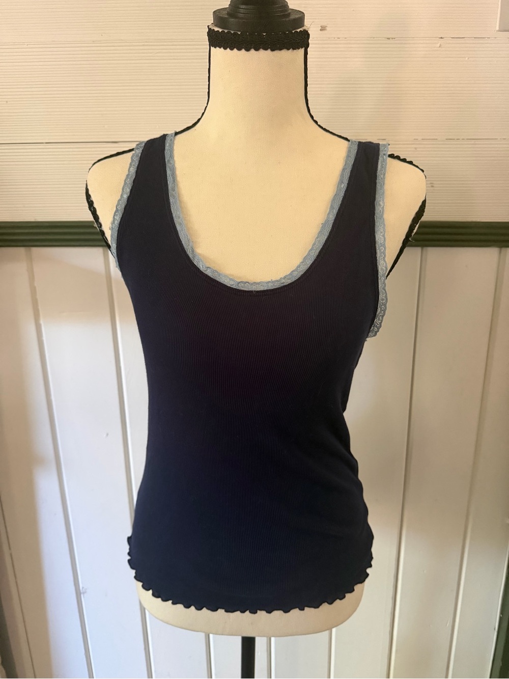 Michael Stars Supima Navy Tank Top with baby blue Lace Contrast Trim